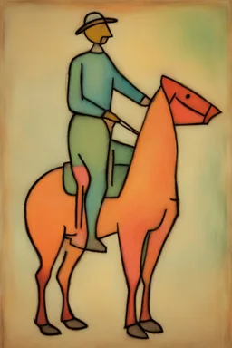 Man on horseback in the style of Paul Klee, Degas, pastel chalk with thin sketchy lines, vibrant colours, ink transfer