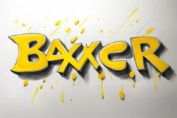 a drawing with sketch lead pencil, The word "BAXER" in yellow floating like a big sign, strong painting, strong expression, BAXER!, BAXER!