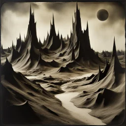 Creepy landscape, strong texture artistic polaroid volumetric light, Yves Tanguy, Egon Schiele, 3d abstractism