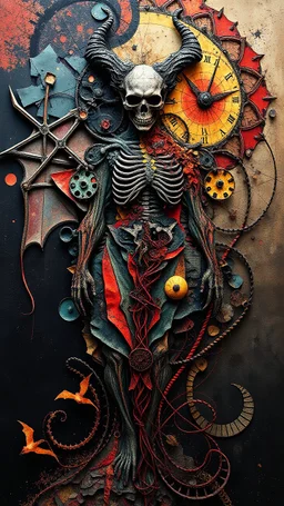Create a detailed and intricate structure of surreal abstract creative art design using collage techniques inspired by Moebius art that reflects the dichotomy of materialism and idealism, sadism and masochism. Satanism elements in the form of the darkest thoughts colliding with strange color movements and deviant ideologies, His body is distorted by the passage of time. exaggerated features of all human elements, like the darkest dreams. anatomic Book style
