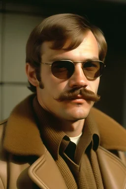 Jeffrey Dahmer in a brown coat with a mustache and sunglasses