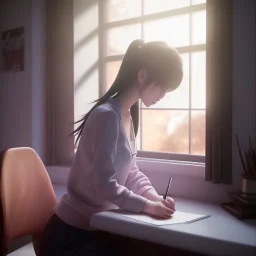 female student studying by the window, anime style, unreal engine 5, sun light, studio lighting --ar 1:1