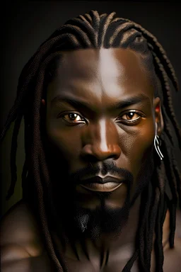You are an expert photographer with 30 years of experience. You have been asked to photograph a 40 year old African man. He has natural hair cut close to his skull and dark brown eyes. He has dark black skin. He is a warrior with a muscular build and a strong jaw. He does not have facial hair. He does not have braids or dreads. His hair is shaved. He is kind and sensitive. Deliver your result in the form of a photograph.