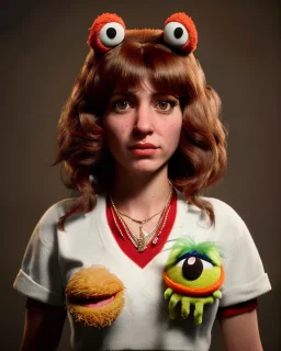 Portrait, waitress woman with monster muppet mask that covers her entire head, retro style, Sesame Street style, smooth, unreal engine 5, god lights, ray tracing, RTX, lumen lighting, ultra detail, volumetric lighting, 3d.