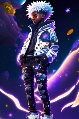 A black anime boy standing in space, black floral design pants, cosmic jacket, white hair, vibrant colors, high top sneakers, cinematic lighting, 8k resolution, hd, 3d anime night time, space and stars