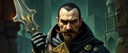 holy paladin assassin, oil paint and airbrush, upper body portrait of clever crow vintage mustache assassin man with Damascus steel sacrificial club in then elven magical green city of Forgotten Realms, myth drannor