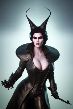 Amy Dumas as evil queen in black leather, leather, busty, cleavage, angry, rage, stern look. character design by cory loftis, fenghua zhong, ryohei hase, ismail inceoglu and ruan jia. unreal engine 5, artistic lighting, highly detailed, photorealistic, fantasy