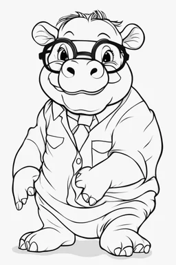 Outline art for cute coloring pages with Hippopotamus with glasses, full body, white background, sketch style, only use outline, clean line art, no shadows and clear and well outlined.