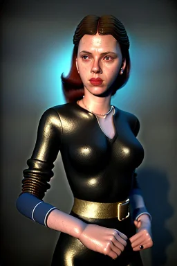 retro portrait image from 1960, New York explosion, long hair, young Scarlett Johansson, classic black tight lycra suit, gold bracelet and belt, high heel boots, soft color, highly detailed, unreal engine 5, ray tracing, RTX, lumen lighting, ultra detail, volumetric lighting, 3d, finely drawn, high definition, high resolution.