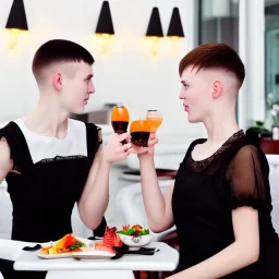 Russian guy young wife boyish boylike short man's haircut men's face boyish features in black girlish lacy cocktail dress as mother in restaurant