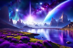 plateforme champigon, futur, paysage grandiose, cosmique, faisceau lumineux ambiance bleutée et mauve