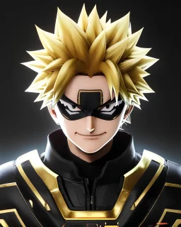 Detailed anime portrait of bakugo from my hero academia, gold hair and golden eyes, black suit, intricate details, full body portrait, keep head in frame, slight smile, black Japanese motif, concept art, highly detailed, digital painting, concept art, sharp focus, illustration, art by Yoji Shinkawa, WLOP and greg rutkowski and alphonse mucha and artgerm and yanjun Chen and Junji ito and Makoto Shinkai, HDR, octane render