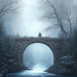 fantasy art, book illustration, raven on stairs of a bridge to old mill ,icy water, on the bridge is a wolf,seen from the tree tops