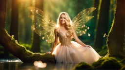 A gorgeous smiling blonde model in a fairy outfit with great glittering wings in a magic forest with 1000 y/o trees, a small torrent, loads of mini flowers, moss, sun rays through the branches, particles in the air at spring