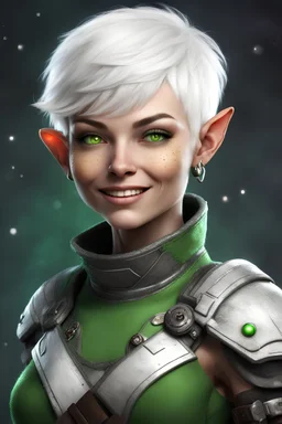 female scifi space pirate dwarf white hair pixie cut. The image she portrays is very typical of a dwarf - short and muscular with square features - however she always has a mischievous smile upon her face, accentuated by her vibrant green eyes. She has fair skin with many freckles dotted across her cheeks and arms.