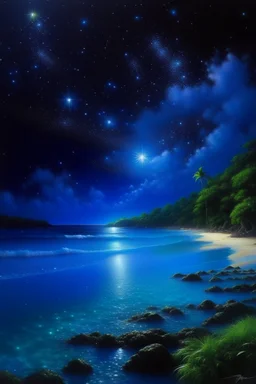 The beach of the island of Leela its waters are full of blue stars illuminated by blue light Oil painting