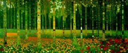 A green grassy forest painted by Gustav Klimt