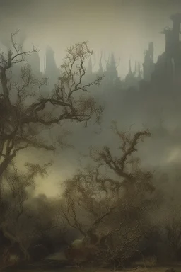 A daguerreotype-style close-up image of a surreal background inspired by Hieronymus Bosch and Max Ernst, featuring twisted organic forms, decaying botanical elements, and strange vegetal growths that seem to pulse with unnatural life. The entire scene is bathed in soft, ambient lighting that creates an otherworldly atmosphere, with areas of deep shadow contrasting against the pale, spectral glow of the figures.