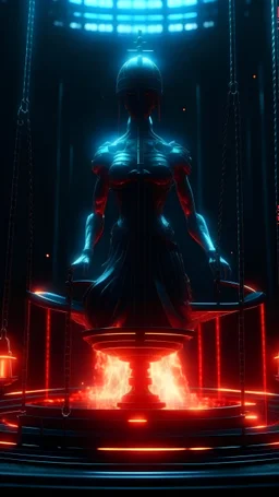 4K. REALISTIC FULL DETAILS. FULL LIGHTS. THEMIS SYMBOL OF JUSTICE BLEEDING WITH SCALES AND A SWORD GODNESS CYBERPUNK. BACKGROUND JAIL FIRESTARTER