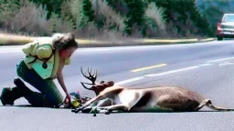 lady giving CPR to injured deer on highway I90