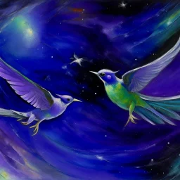 A violet outer space with alien birds painted by Edgar Degas