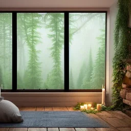 a gorgeous, stunning nature room facing a huge window with forest view, multiple pillows on rustic wood floor, blanket, many candles, foliage, tranquil, cozy, 8k resolution, high-quality, fine-detail, digital art, detailed matte, volumetric lighting, illustration, 3D octane render, brian froud, howard lyon, selina french, annie stokes, lisa parker, greg rutowski,