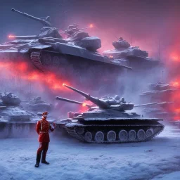 Soldat zombie salue son officer dans la neige. Un Tank russe avec un z écrit dessus est en fond. Armée russe. Place rouge Moscou. 4k. Close up. Couleurs très vive. Ciel rouge