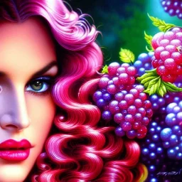 Hyperdetailed oil on canvas, gia carangi, detailed face, long hair, surrounded by luminous colorful sparkles, gypsy, grapes, blueberries, plums, sumac, pink bubbles, purple, by anne stokes, gaspar camps, maxfield parrish, alphonse mucha, cyril rolando, airbrush, depth of field, octane render, volumetric lighting; deep colors, symmetrical, cinematic, high coherence, golden ratio, rule of thirds, perfectly centered; anatomically correct faces, by james r. eads, ilon wikland art, vladyslav yerko