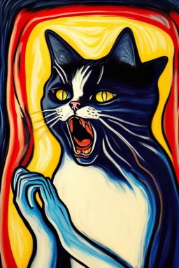 Cat holding her head with her hand like the scream Edvard Munch. Painting style of Edvard Munch