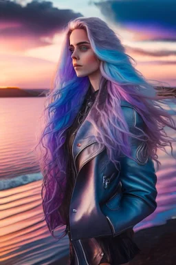 half body shot,realistic portrait of a 20-25 old caucasian model, long blue pink flowing hair, great grey eyes, blue leather jacket,full body, short white skirt,long legs,standing at beach of very nive lake with sunset ,clouds,godrayes