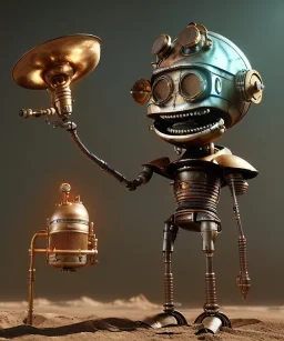 happy mechanoid person playing jazz with a steampunk theme, realistic