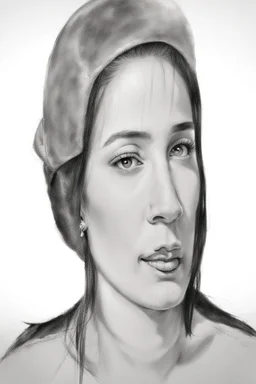 dibujo en grafito realista de rostro mujer 35 años pelo negro atado en cola de caballo tres cuartos perfil mira y sonrie plano tres cuartos perfil rasgos definidos labios definidos