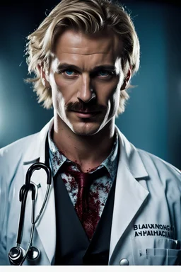 Mid-thirties, Caucasian male doctor, creepy smile, messy blonde hair, light-colored thick mustache, pale blue eyes, broad shoulders, muscular, six foot, Hawaiian shirt under white lab coat, bloodstains at the edges of the lab coat. Strong Jaw line, in a dark, shadowy room with tendrils of black reaching around him. photo realistic