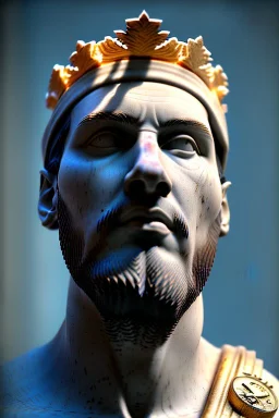 Ultra Realistic image, Roman sculpture, white marble material, Lionel Messi, gold crown of natural thorns, god crown, Renaissance style, sun rays background, waist up portrait, epic, celestial, cinematic lighting, God lights, 4k resolution, smooth details, soft lighting, unreal engine 5, art station, substance 3d.