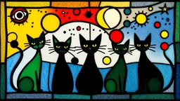 a playful abstract stained glass window in the style of Joan Miró, featuring six minimalist cats made of bold black lines and simplified organic shapes. The composition includes floating eyes, moons, dots, and stars in primary colors — red, yellow, blue — mixed with bright green and black. Each cat is reduced to essential forms: circles, curves, sharp ears, long tails, integrated into a colorful, free-flowing pattern. The stained glass has a modern, light-hearted energy, filled with whimsical sy