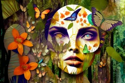 double exposure, Rainforest, flowers, birds, sleeping goddess merged layers, waterfall and butterflies Patchwork and painting by Meghan Duncanson and Jennifer Lommers and Didier Lourenço in sunshine plastic 3D effect ochre, burlap, mirror foil