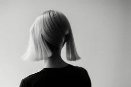 Mujer rubia de espaldas, retrato primer plano., iluminada desde desde el rostro hacia la cára, al estilo de la foto del fotógrafo Hugo Alonso. Imagen en blanco y negro vaporoso