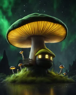 A solitary floating mushroom house on a clear night. silver and green and yellow, Dark cosmic interstellar. Detailed Matte Painting, deep color, fantastical, intricate detail, splash screen, hyperdetailed, insane depth, concept art, 8k resolution, trending on Artstation, Unreal Engine 5, color depth, backlit, splash art, dramatic, High Quality Whimsical Fun Imaginative Bubbly, perfect composition