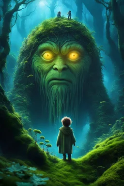 A giant rising from a age old slumber, his eyes are huge and wise, he has a sleepy expression ,his body overgrown with moss and vegetation, looking at small human ,as seen from behind the human,lush phantasy setting, fantastical world build, immaculate resolution, immaculate details,8K quality, animals frolic around