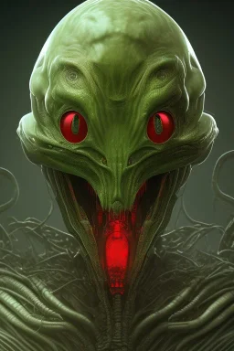 green alien, head, evil, red eyes, big silver teeth, weapons, blood, 8k, finely detailed, photo realistic, HR Giger style