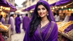 Hyper Realistic Beautiful Happy Pashto Woman with Beautiful-Kajal-Eyes & Long-Black Hair wearing Purple-Dress-&-Beige-Shawl in a market with garland-light-&-some-shops with traditional environment showing dramatic & cinematic ambiance.