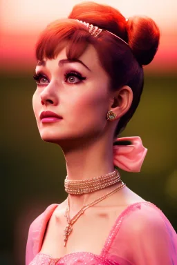 Audrey Hepburn Princess Peach, closed eyes, rtx, reflection, 8k, glow, winning photography, caustics