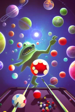 Aliens playing pool with the balls being planets. The main ball is planet earth