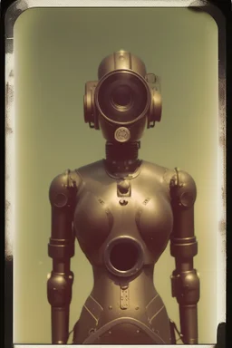 steampunk, vintage analog polaroid of a woman robot, female body, fog, lomography, heavy film grain, night, color bleed, depth of field, bokeh, retro