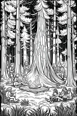 Under the vast canopy of ancient redwood trees, a group of friends dances joyously around a roaring campfire. The towering trees create a cathedral-like atmosphere, and the bonfire's flames illuminate the massive trunks, conveying the profound connection with nature and the freedom of uninhibited expression..coloring book page, simple and clean line art, adult drawing book, black and white, crisp black lines, no shades, sharp lines, coloring book for adults, cartoon style, landscape