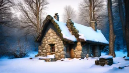 stone cottage in forest in winter