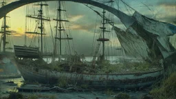 surreal and dreamlike, A close-up of a derelict ship rusting in a deserted harbor at sunset, with the sun casting a warm orange glow on the weathered hull and broken masts, surrounded by debris and overgrown weeds., saturated, pastel, dreamy atmosphere, liquid psychedelic