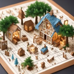 a Detailed Model of diagrams and instructions for creating digital paper houses. A detailed isometric digital illustration. The central focus is a miniature, intricately detailed Miniature Nativity scene manger scene, crèche with Maria and Joseph, Ox and donkey are there, a small tree