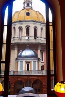 View of the synagogue in Budapest from a large glass window of a café, a brown-haired woman sitting in front of the window with her back to us, coffee in front of her, large shiny bright silver and spherical lamps on the ceiling, in sunshine