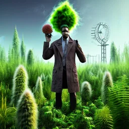  mad wolf scientist standing by cell tower overgrown with plants, spray paint art, 3d,pixar